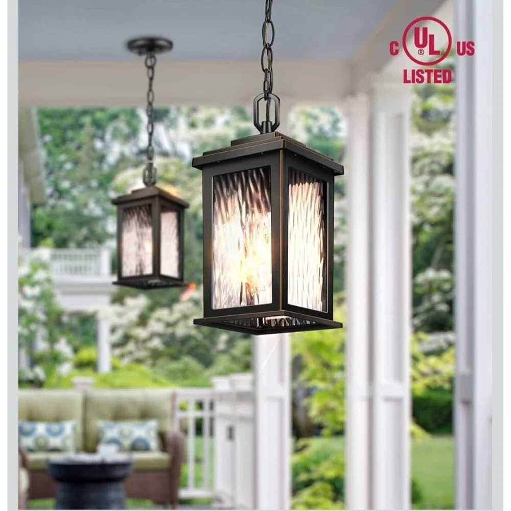 Vianis Outdoor Hanging Lantern Black Gold Trim Water Ripple‎ Glass Pendant Light